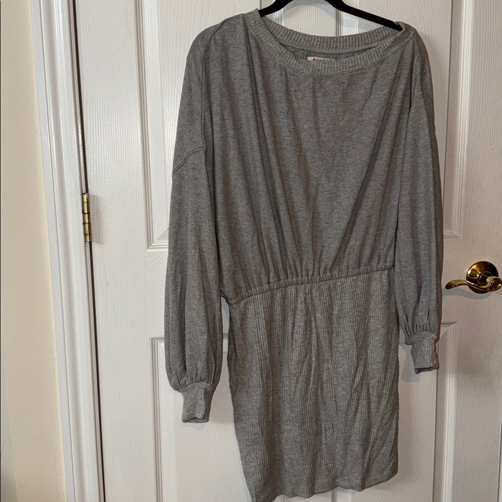 Free People Heather Gray Pullover, off the shoulder Dress with puffy sleeves